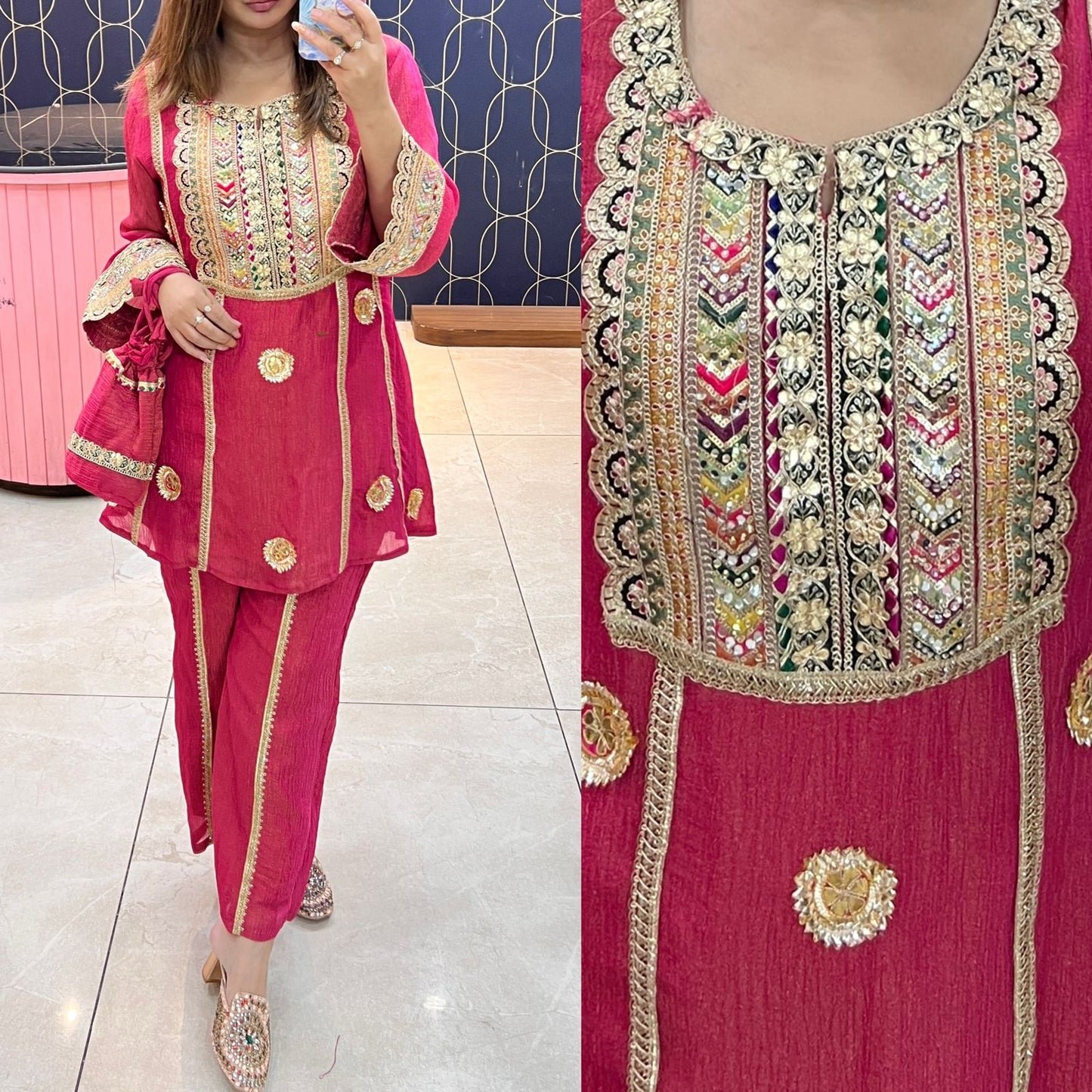 Beautiful glass shimmer fabric coord set  with potli bag