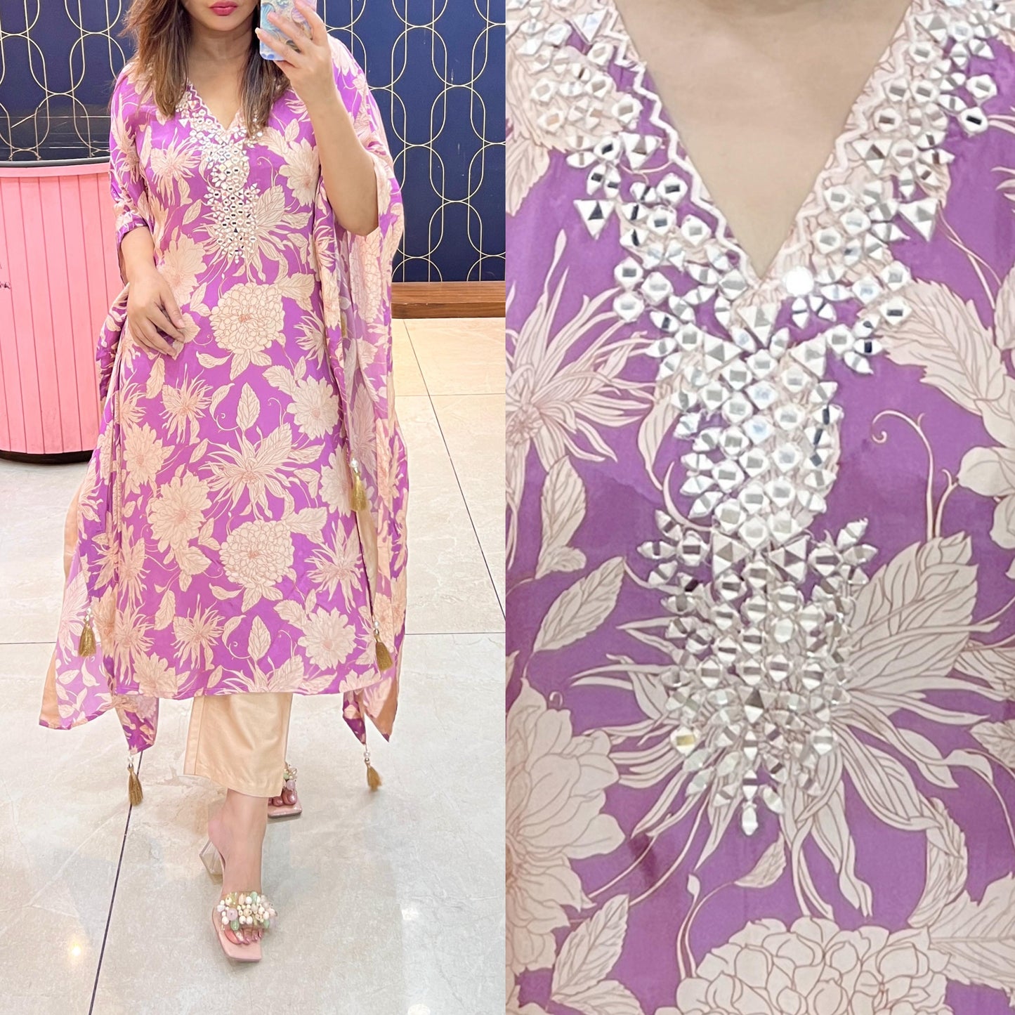 Pure crepe fabric kaftan with beautiful Embroidery and mirror work 1006