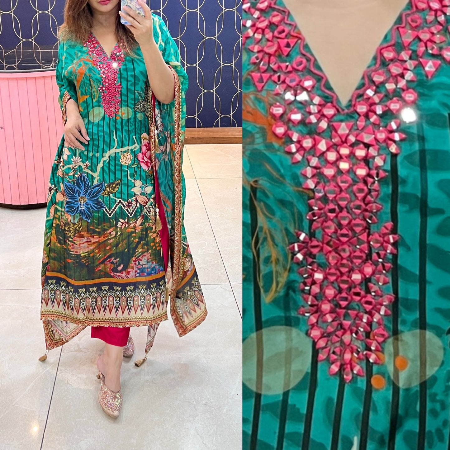 Pure crepe fabric kaftaan with mirror work -1006