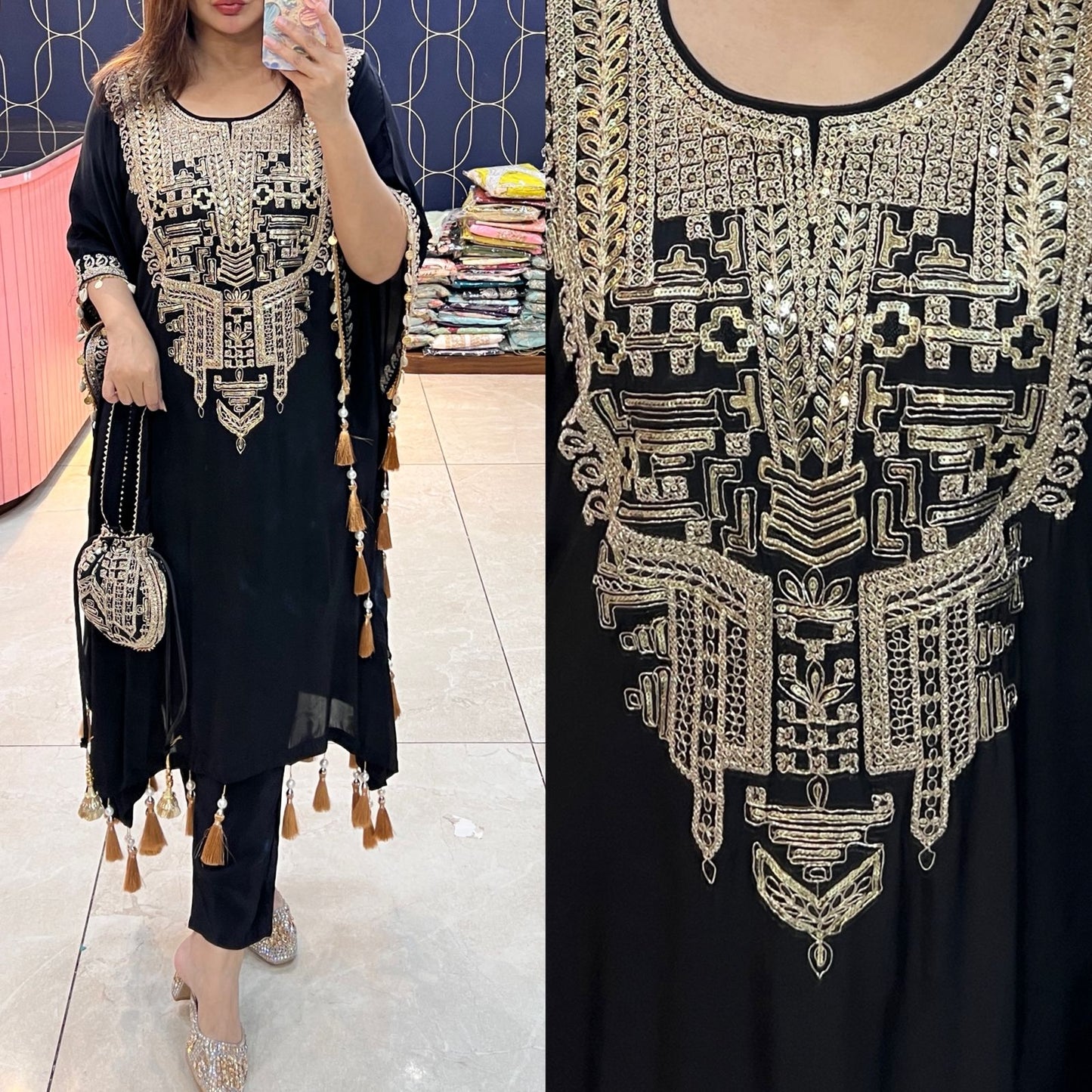 Pure crepe Kaftaan with potli