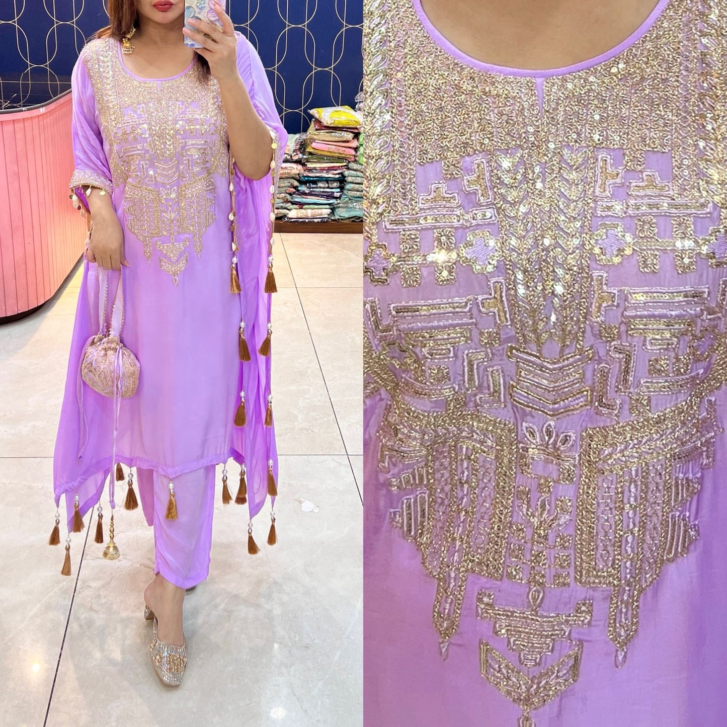 Pure crepe Kaftaan with potli