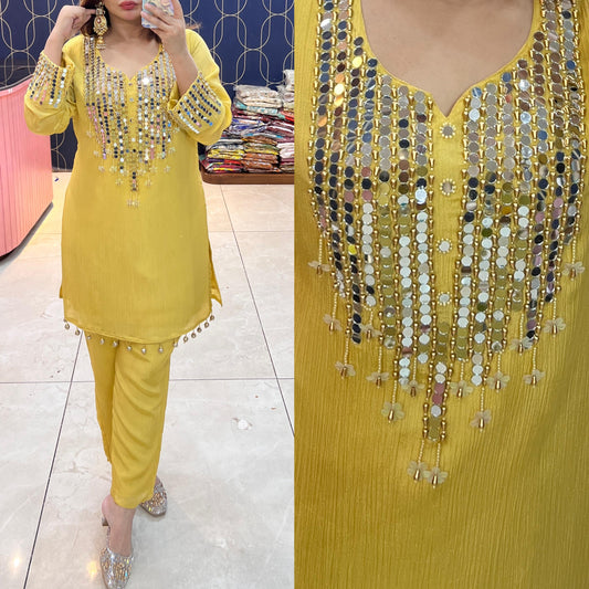 Pure crush fabric coord set with beautiful mirror work