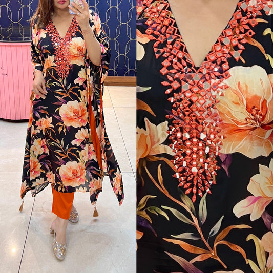 Printed Crepe kaftaan with original mirror work