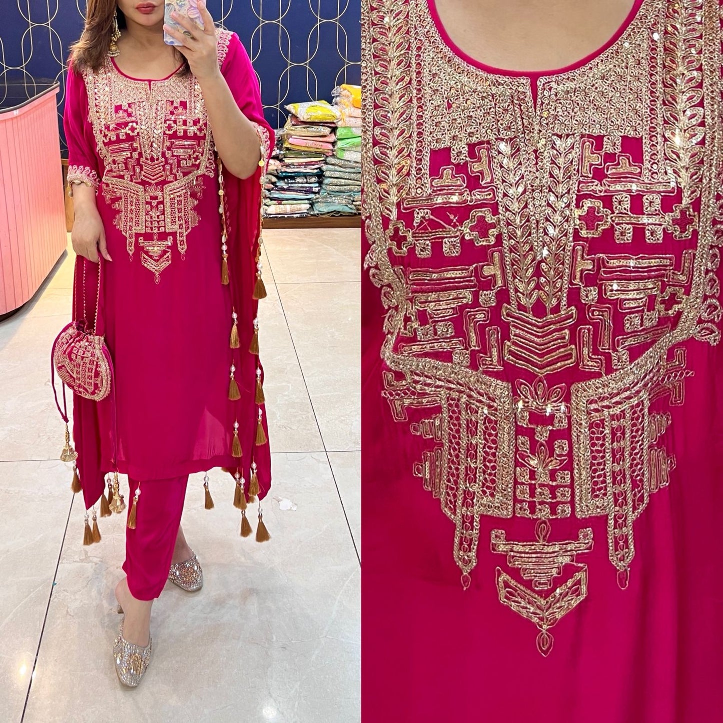 Pure crepe Kaftaan with potli