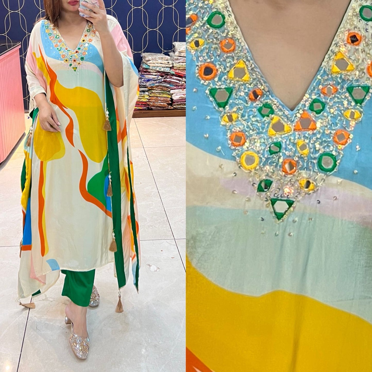 Pure Crepe kaftaan with original mirror work