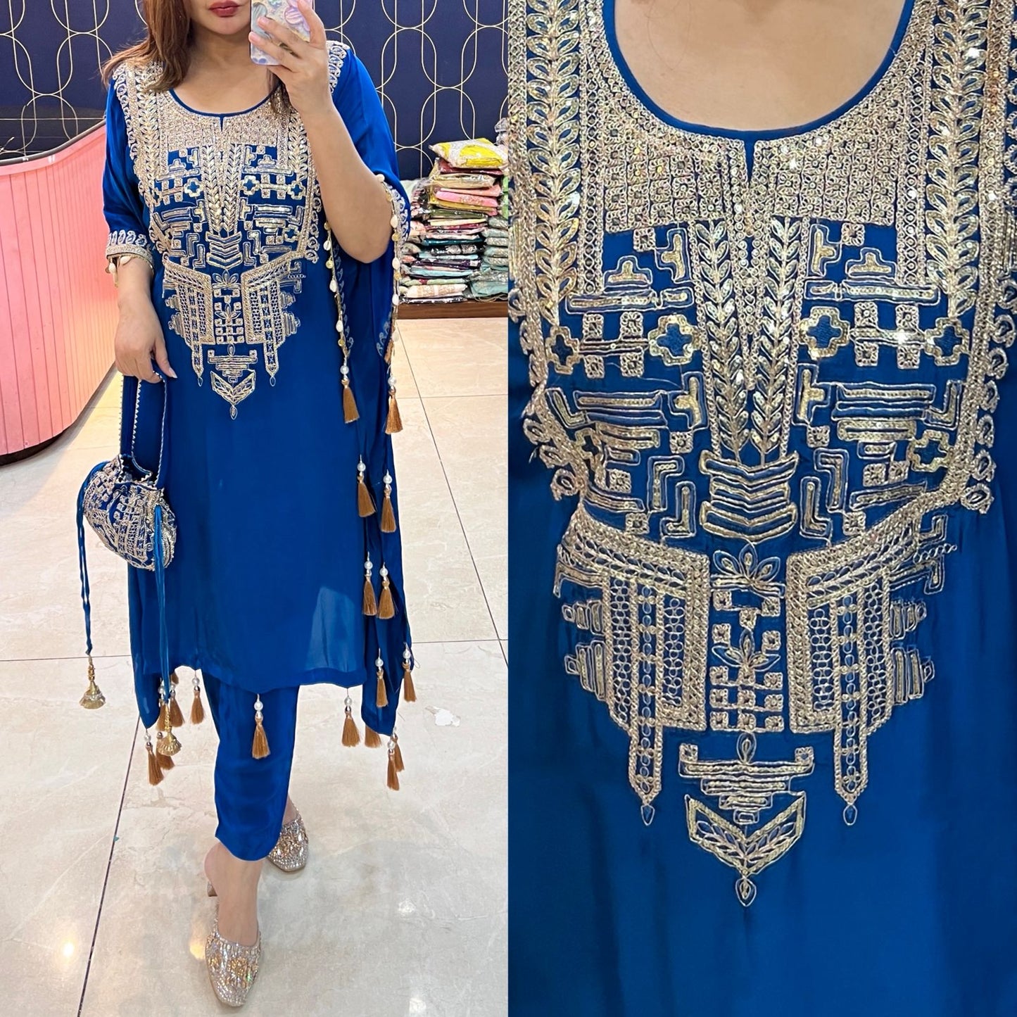 Pure crepe Kaftaan with potli