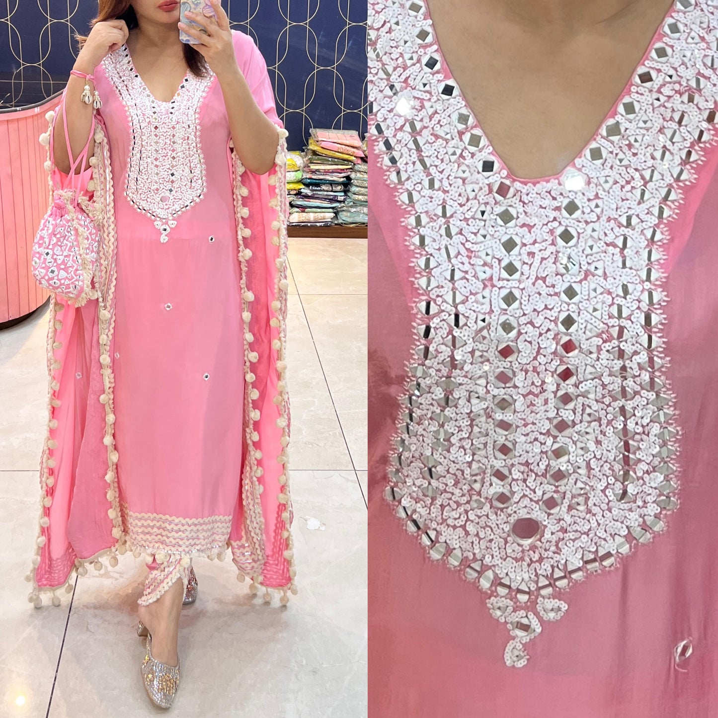 Pure crepe mirror work kaftaan