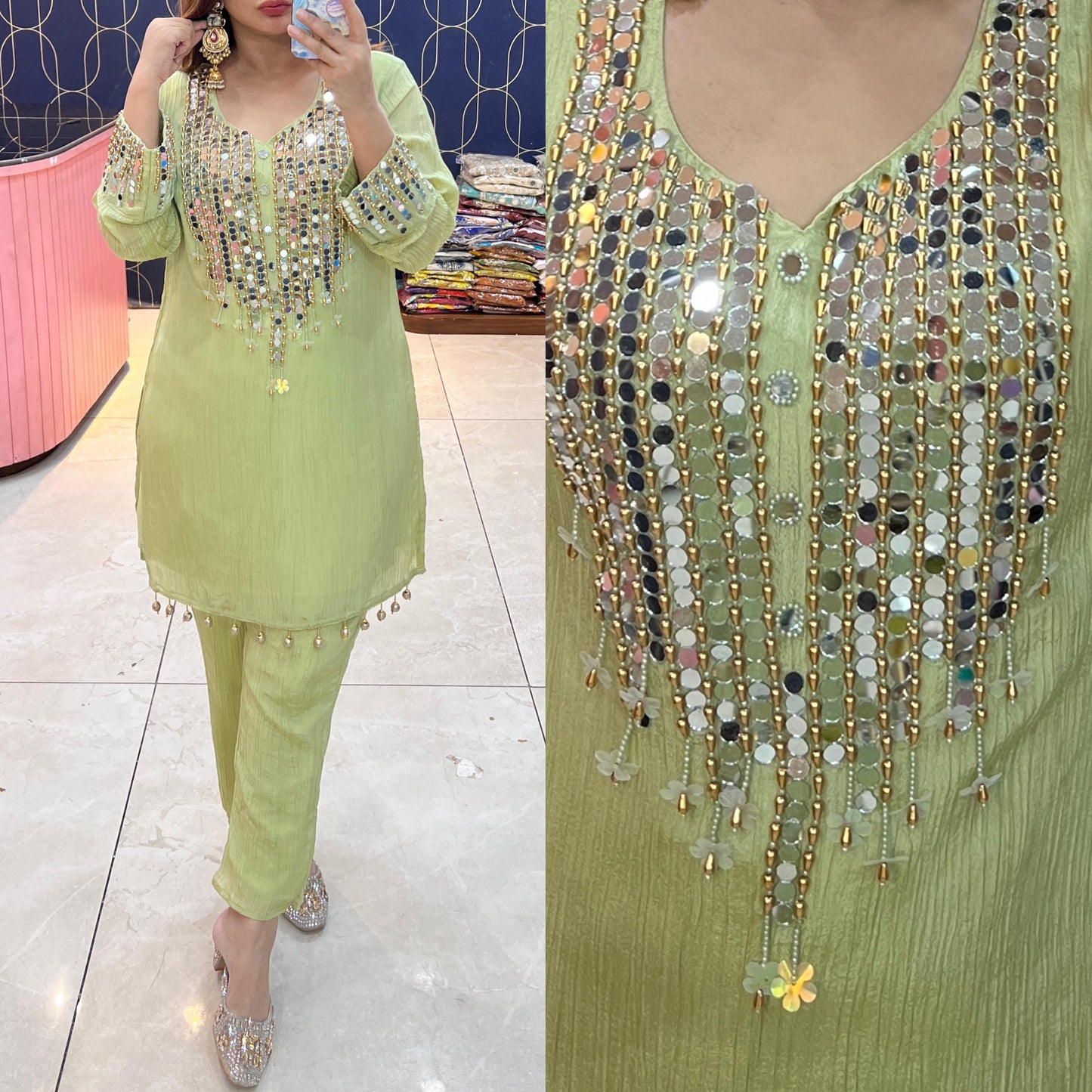 Pure crush fabric coord set with beautiful mirror work