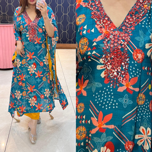 Printed Crepe kaftaan with original mirror work