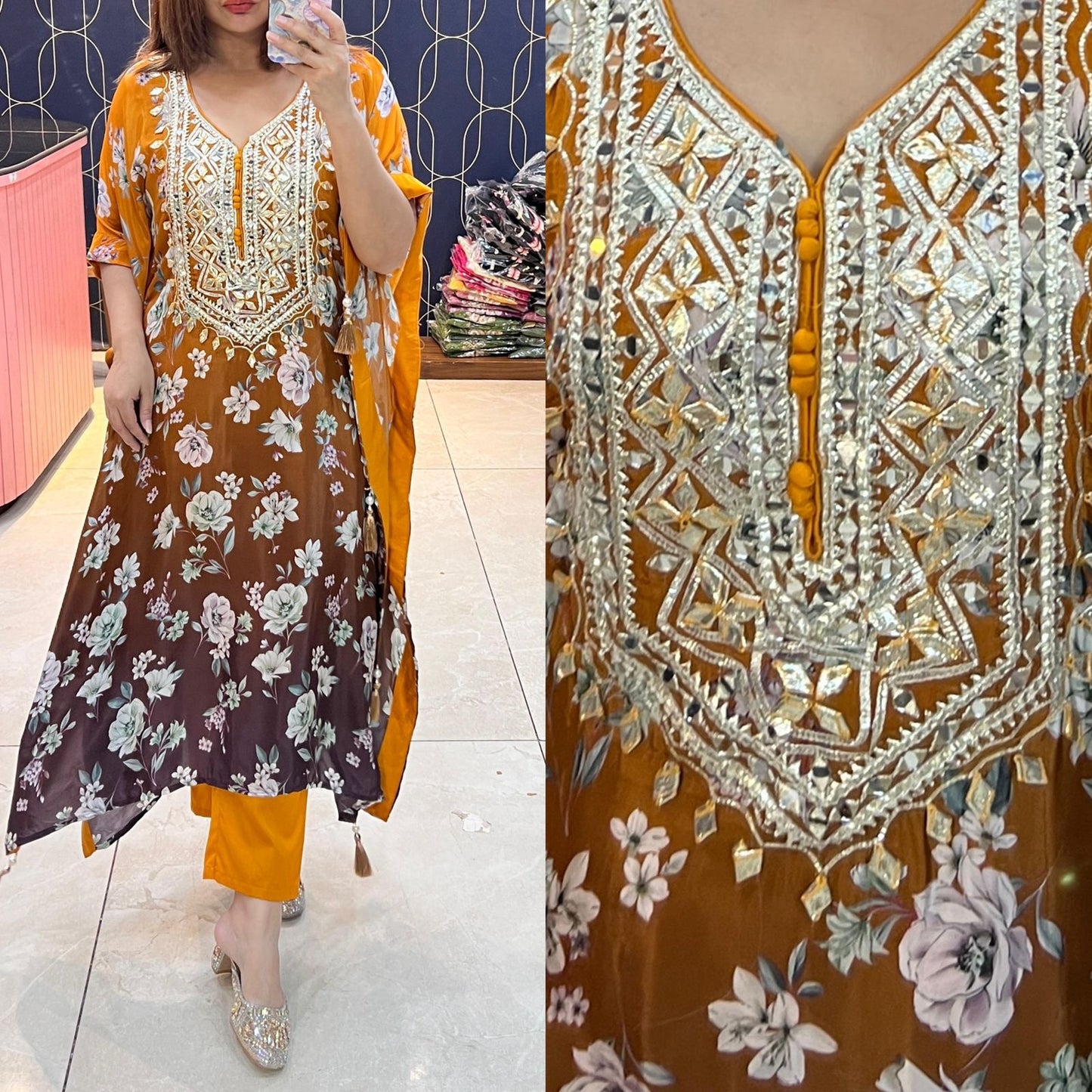 Pure Crepe Printed Kaftaan with Gotapati work