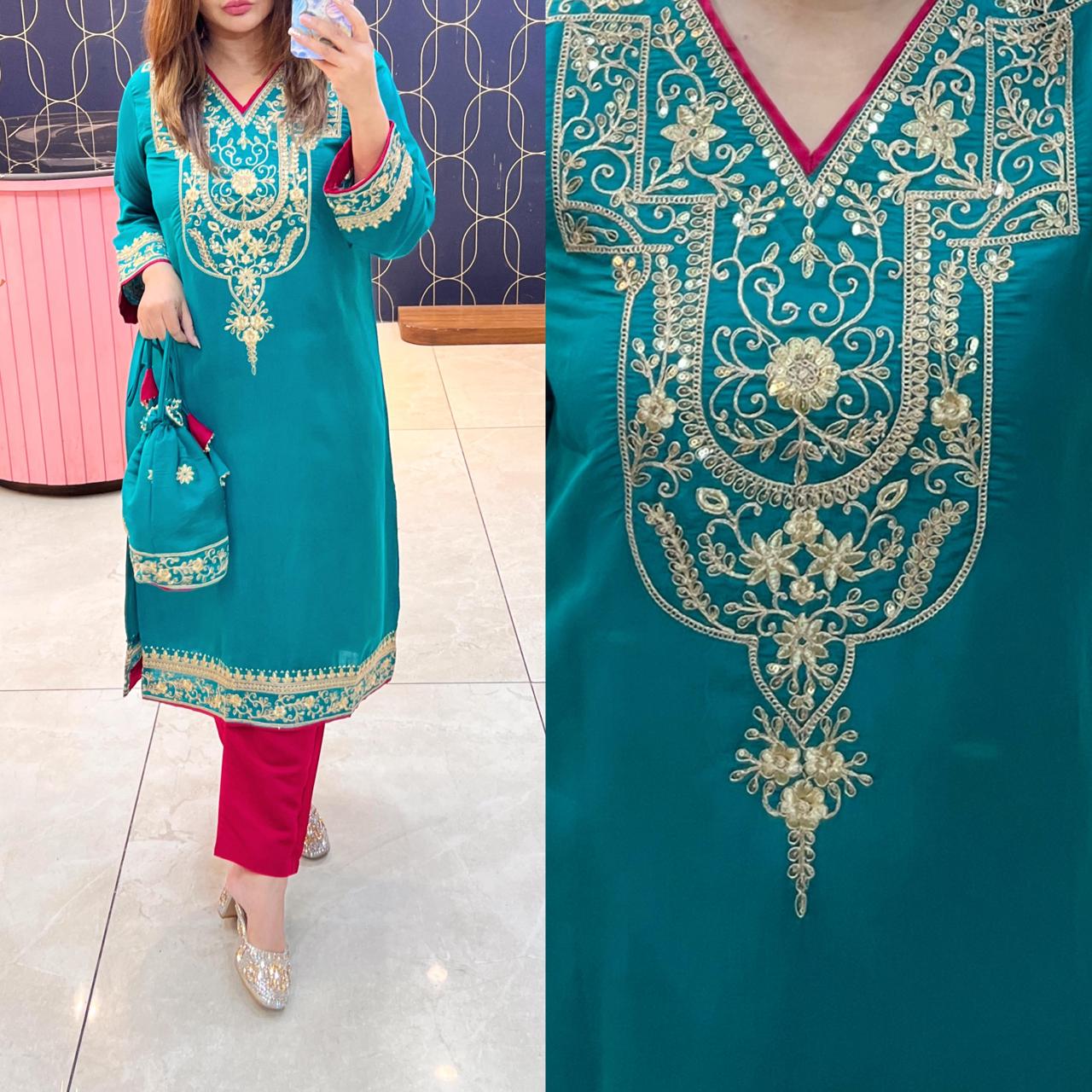 Cotton silk Pakistani designer long cord-set 1095