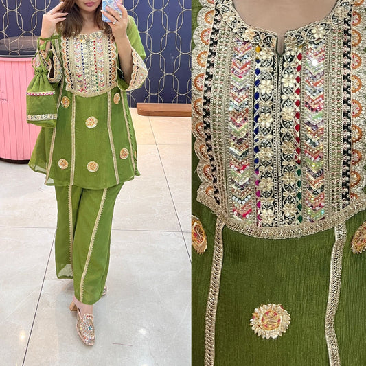 Beautiful glass shimmer fabric coord set  with potli bag