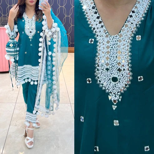 4 piece pom pom ccord set with potli and dupatta