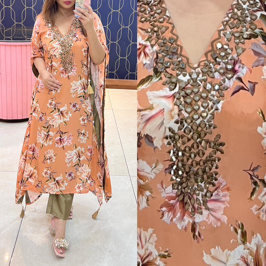 Pure crepe fabric kaftan with beautiful Embroidery and mirror work 1006