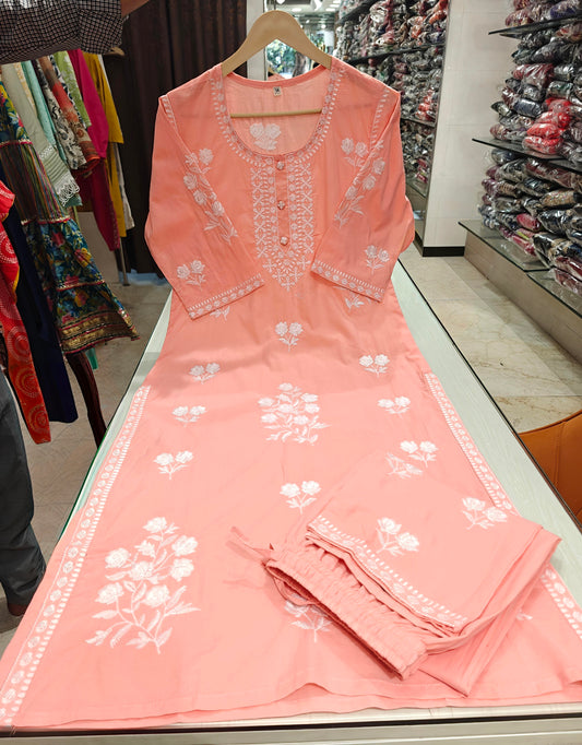 Pure cotton long two piece with chikankari work -1421
