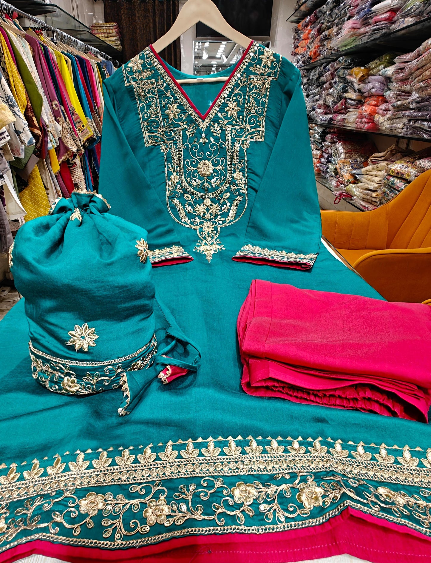 Cotton silk Pakistani designer long cord-set 1095