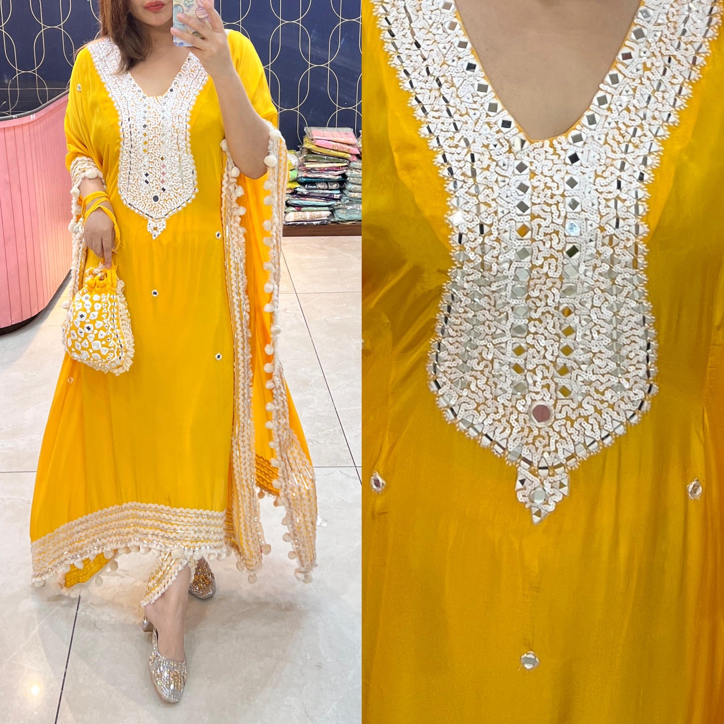 Pure crepe mirror work kaftaan