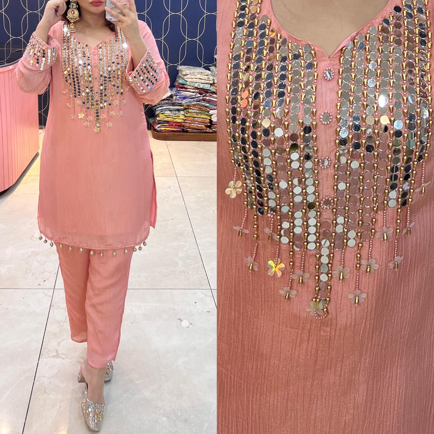 Pure crush fabric coord set with beautiful mirror work