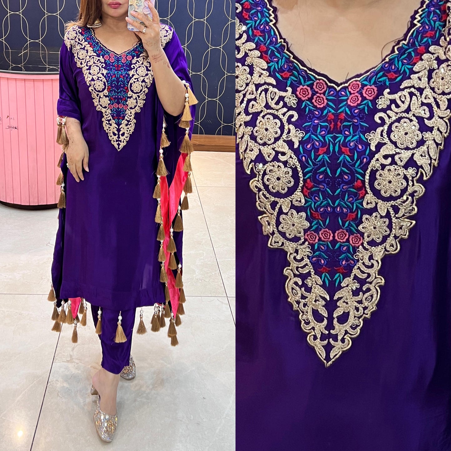 Beautiful Kaftaan highlighted with embroidery and tussles