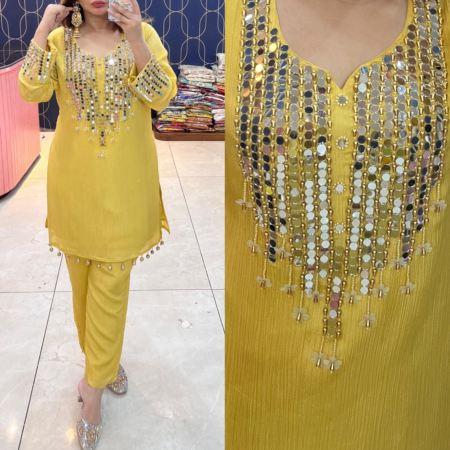 Pure crush fabric coord set with beautiful mirror work