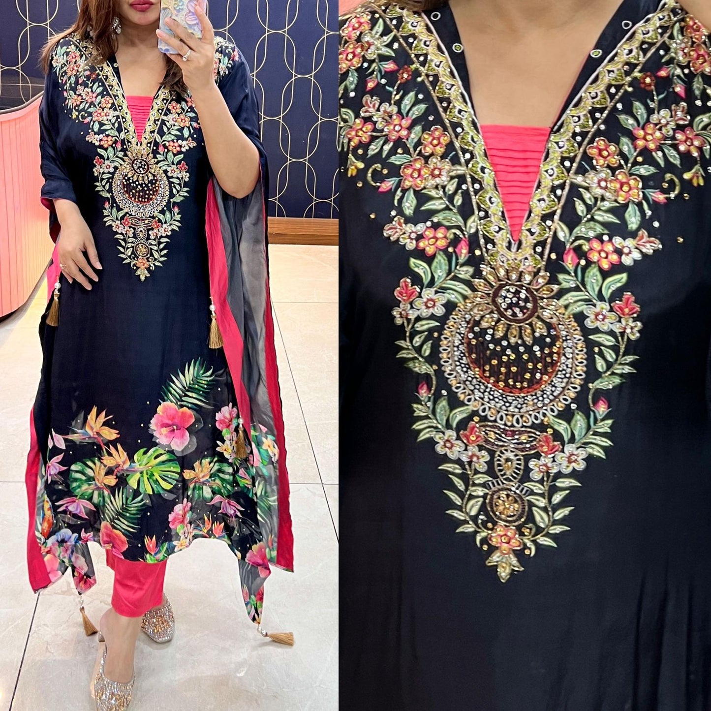 Printed Crepe kaftaan with sequence work