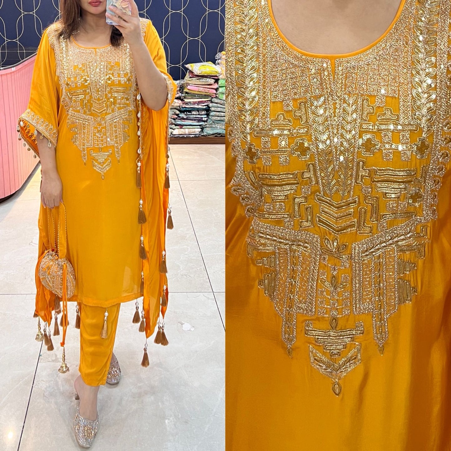 Pure crepe Kaftaan with potli