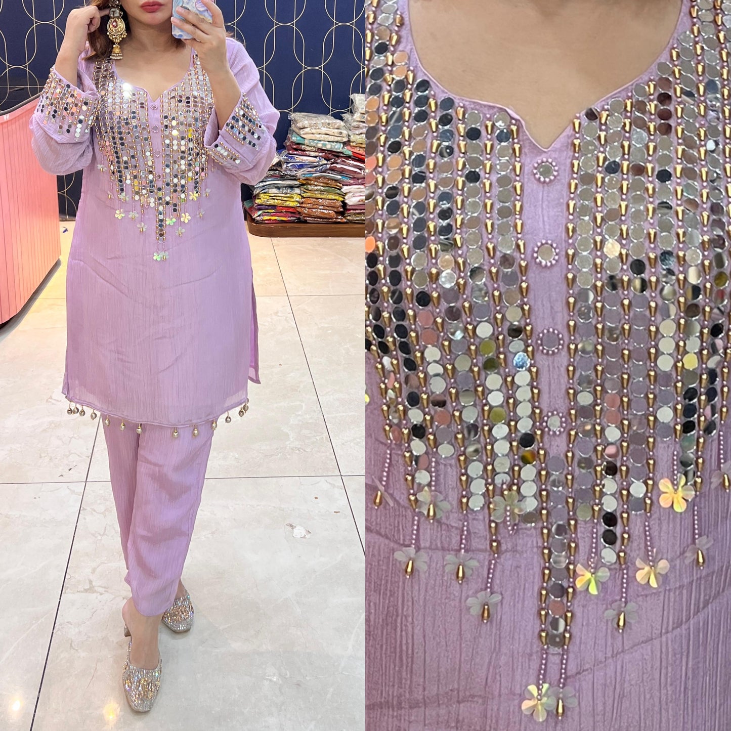 Pure crush fabric coord set with beautiful mirror work