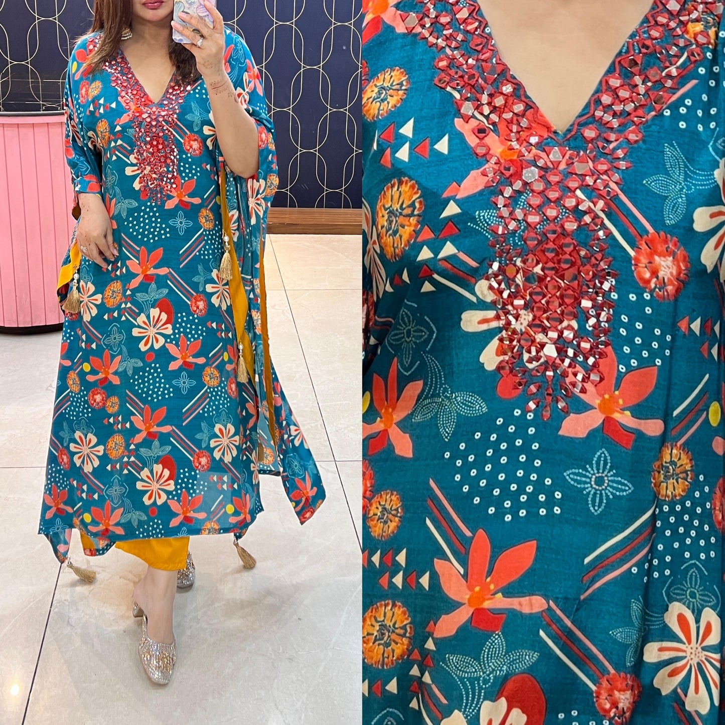 Printed Crepe kaftaan with original mirror work