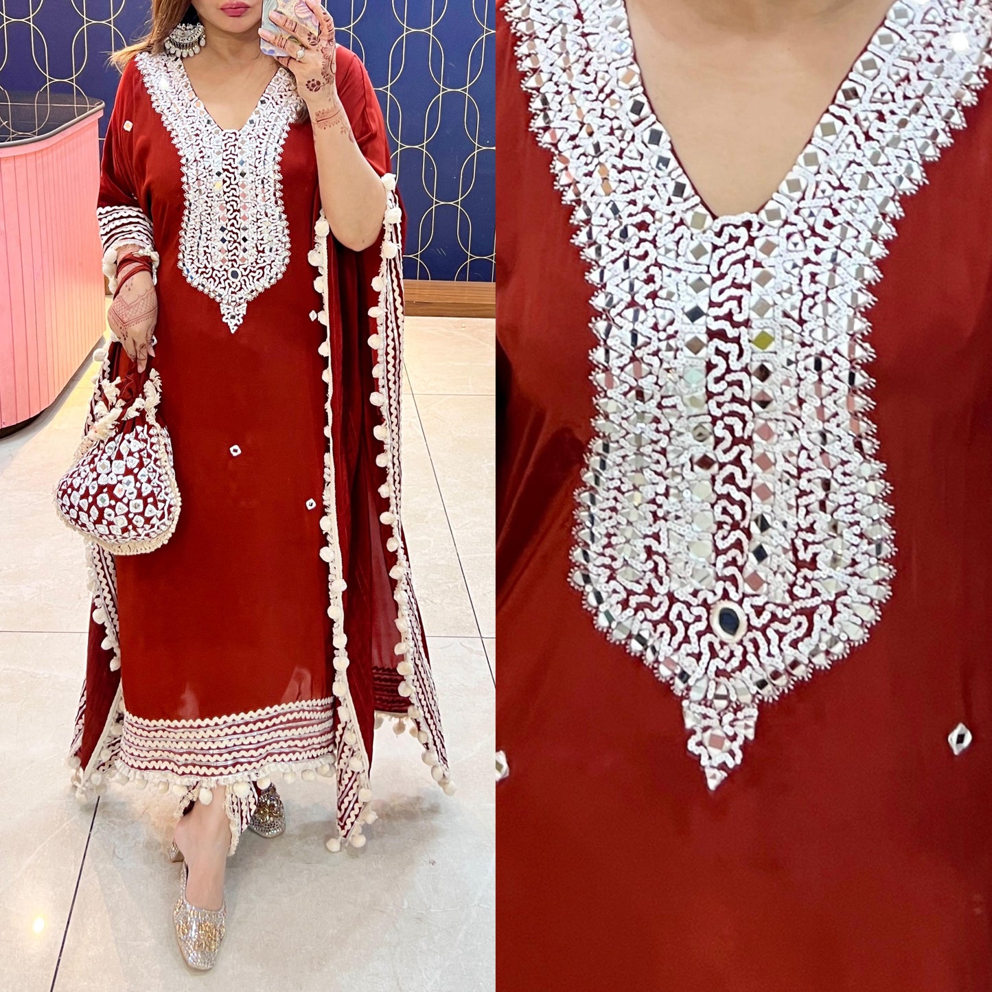 Pure crepe mirror work kaftaan