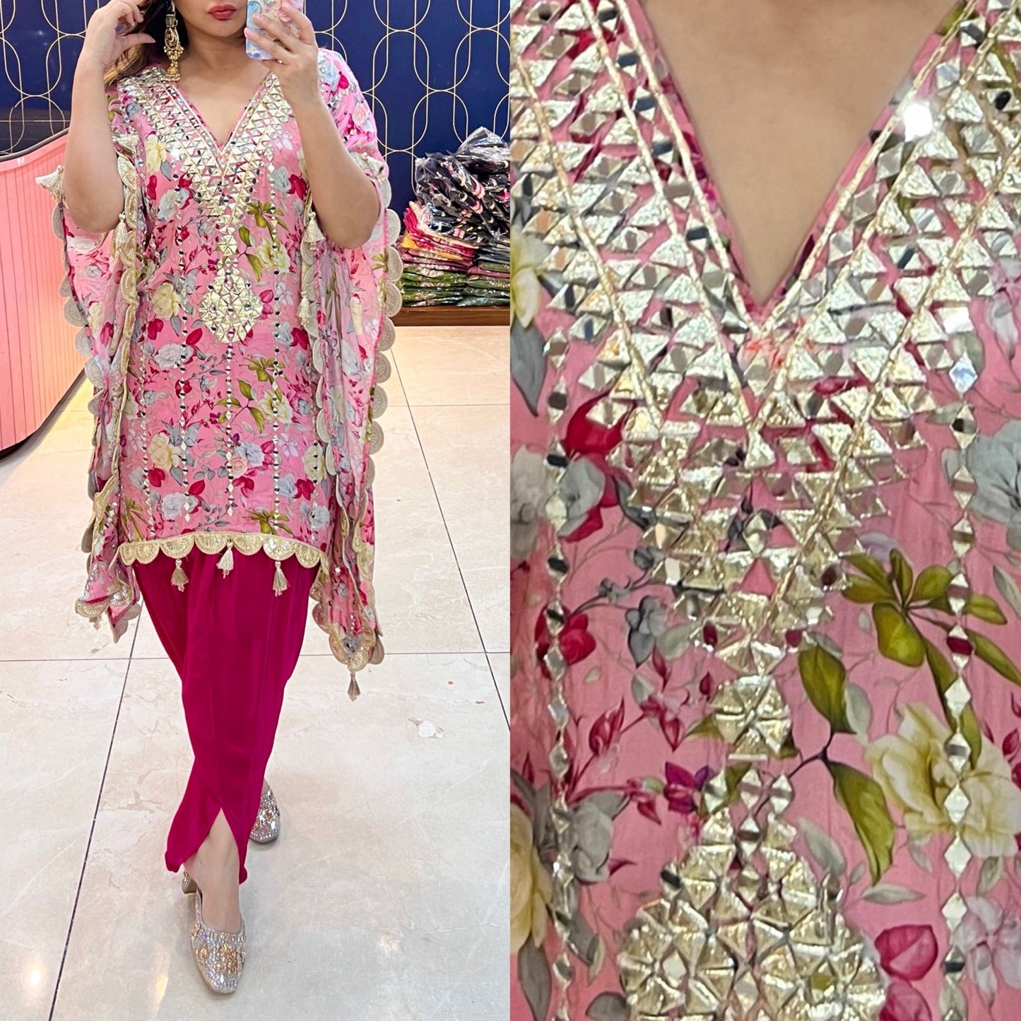 Pure crepe printed kaftaan with Gotta and original mirror work