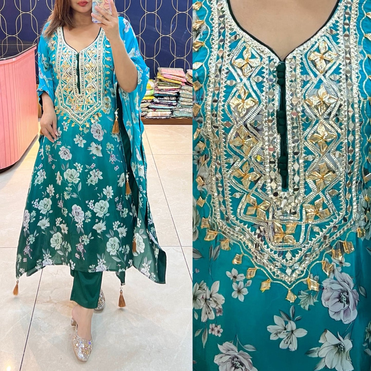 Pure Crepe Printed Kaftaan with Gotapati work