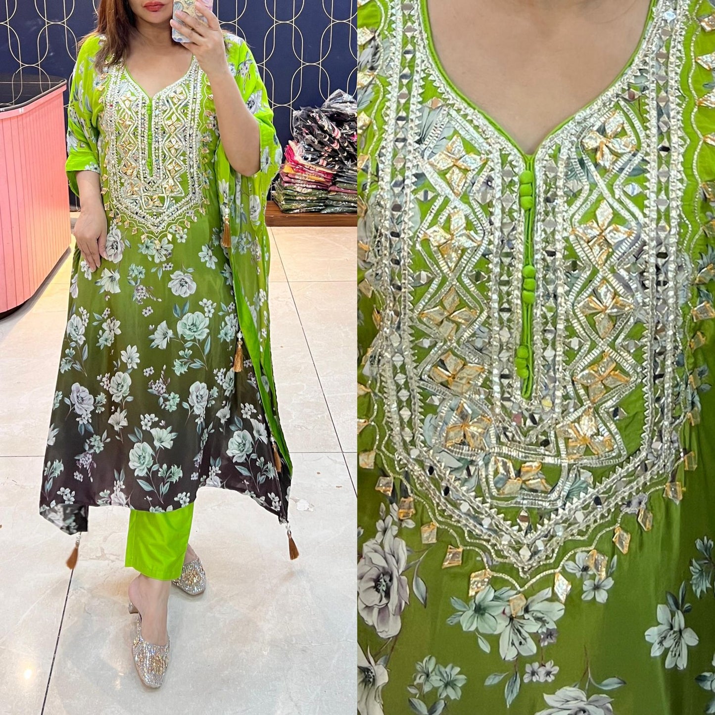 Pure Crepe Printed Kaftaan with Gotapati work